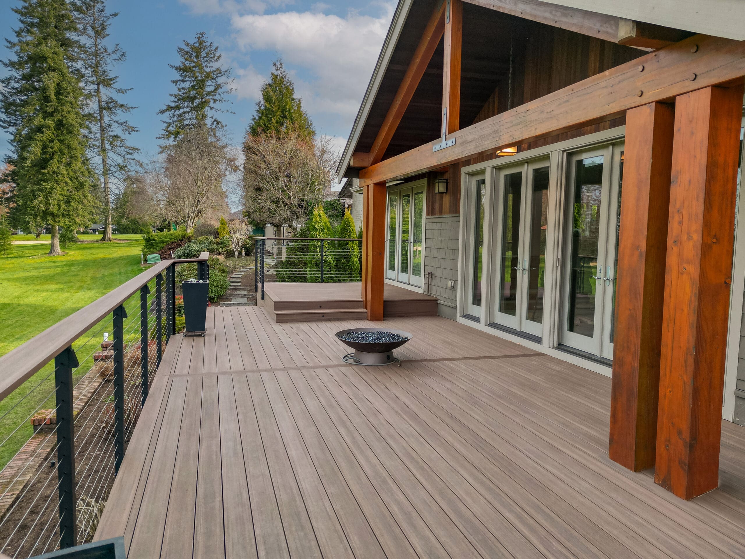 Azek English Walnut PVC decking with cable railing
