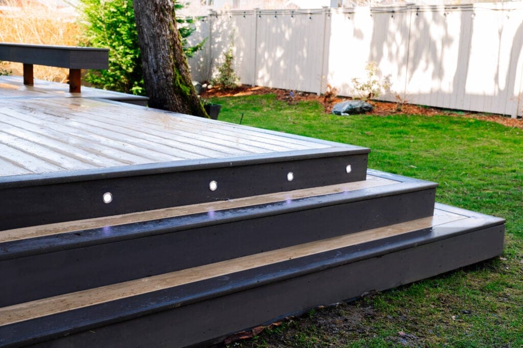 floating deck stairs with lights