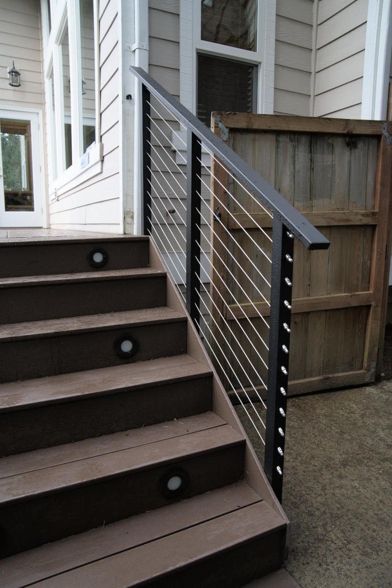 Redmond deck build balcony stairs Maisy Railing cable railing exterior stairway lighting