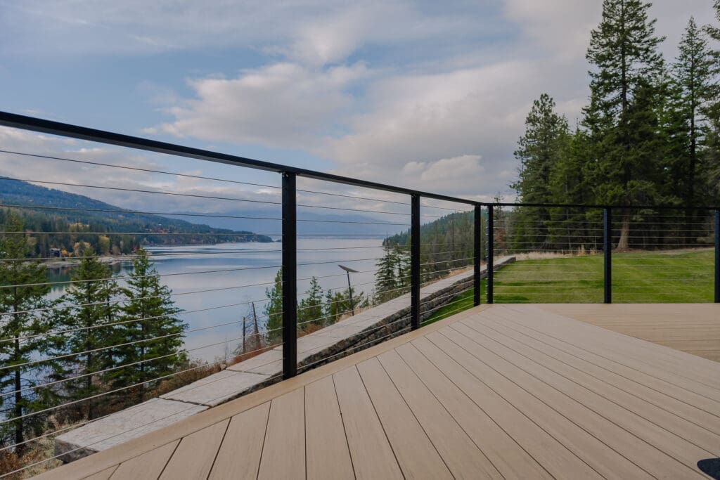 Lakeside deck with mountain view