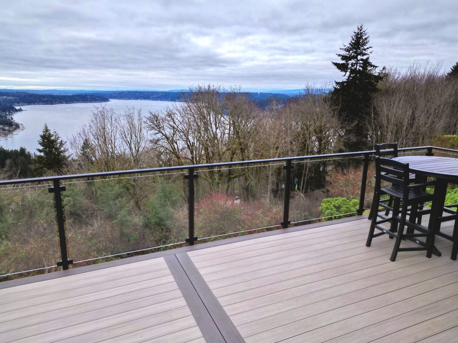 Lake Sammamish view from deck with framed glass railing