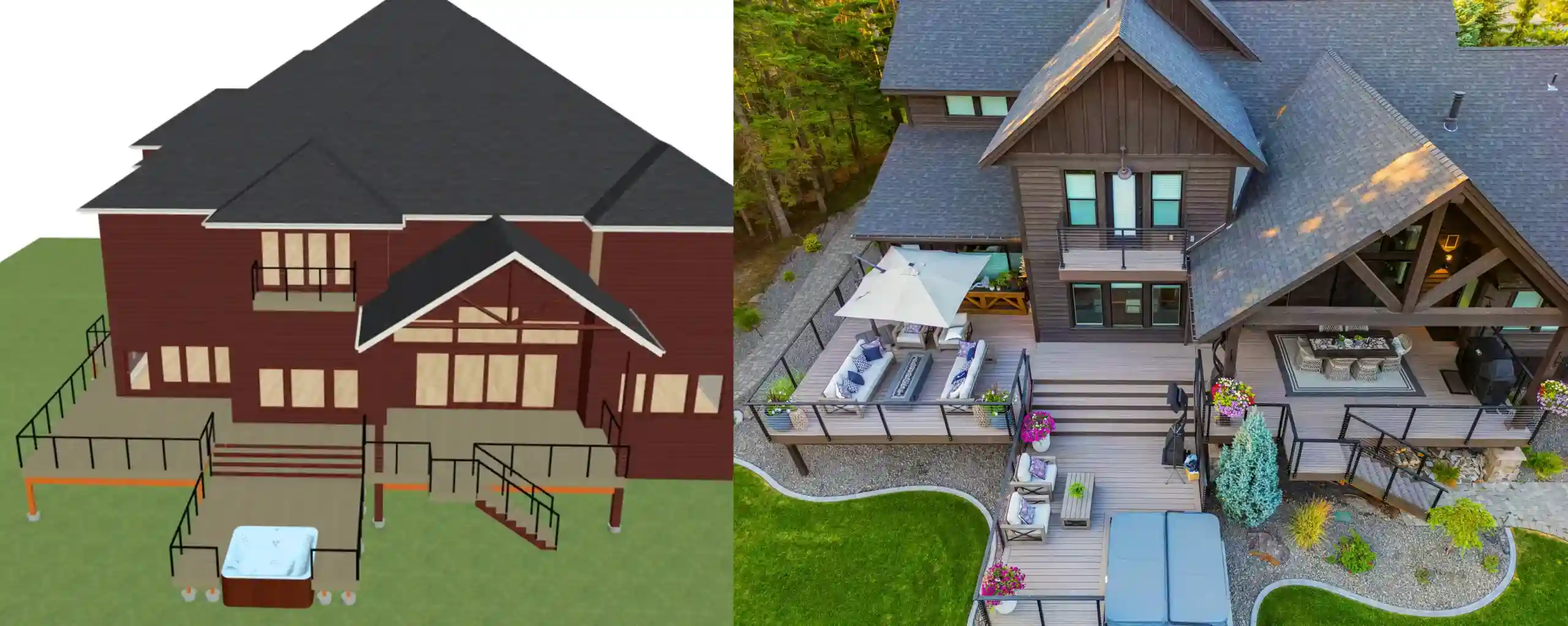 House design comparison: rendering and aerial view