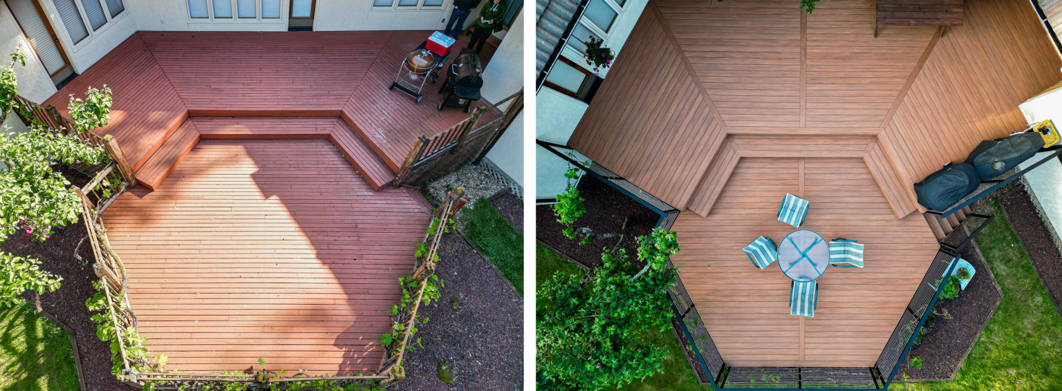 Before and after backyard deck renovation comparison.