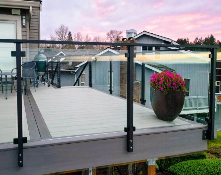 Rooftop deck with framed glass railing