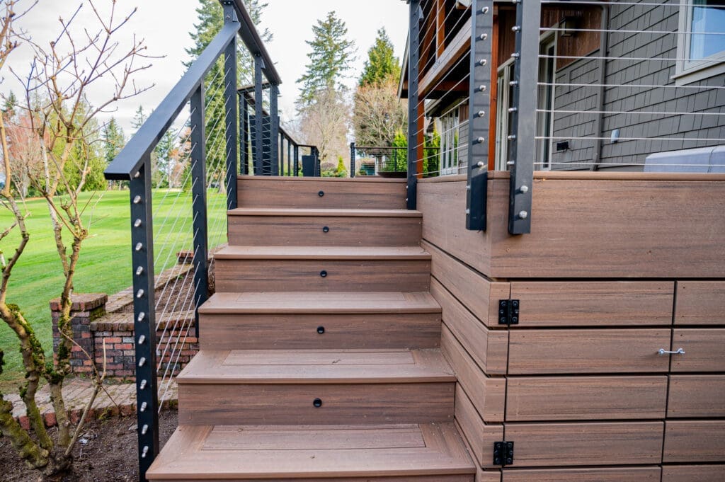 Modern deck stairs with metal railing