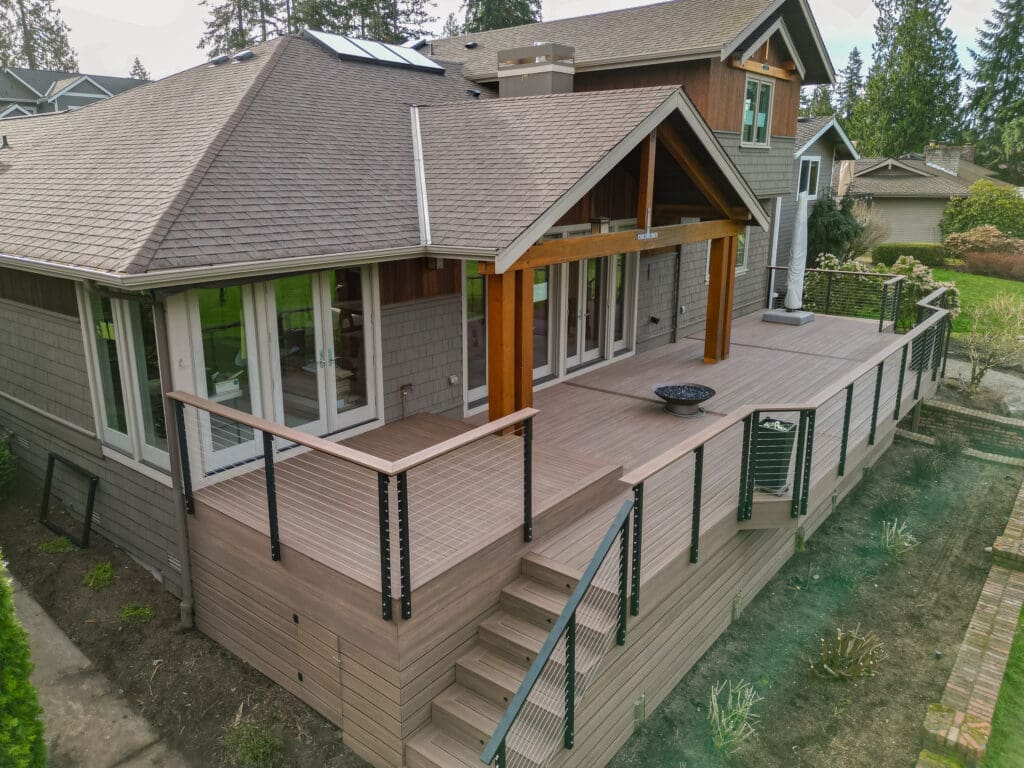 Modern house with spacious wooden deck.
