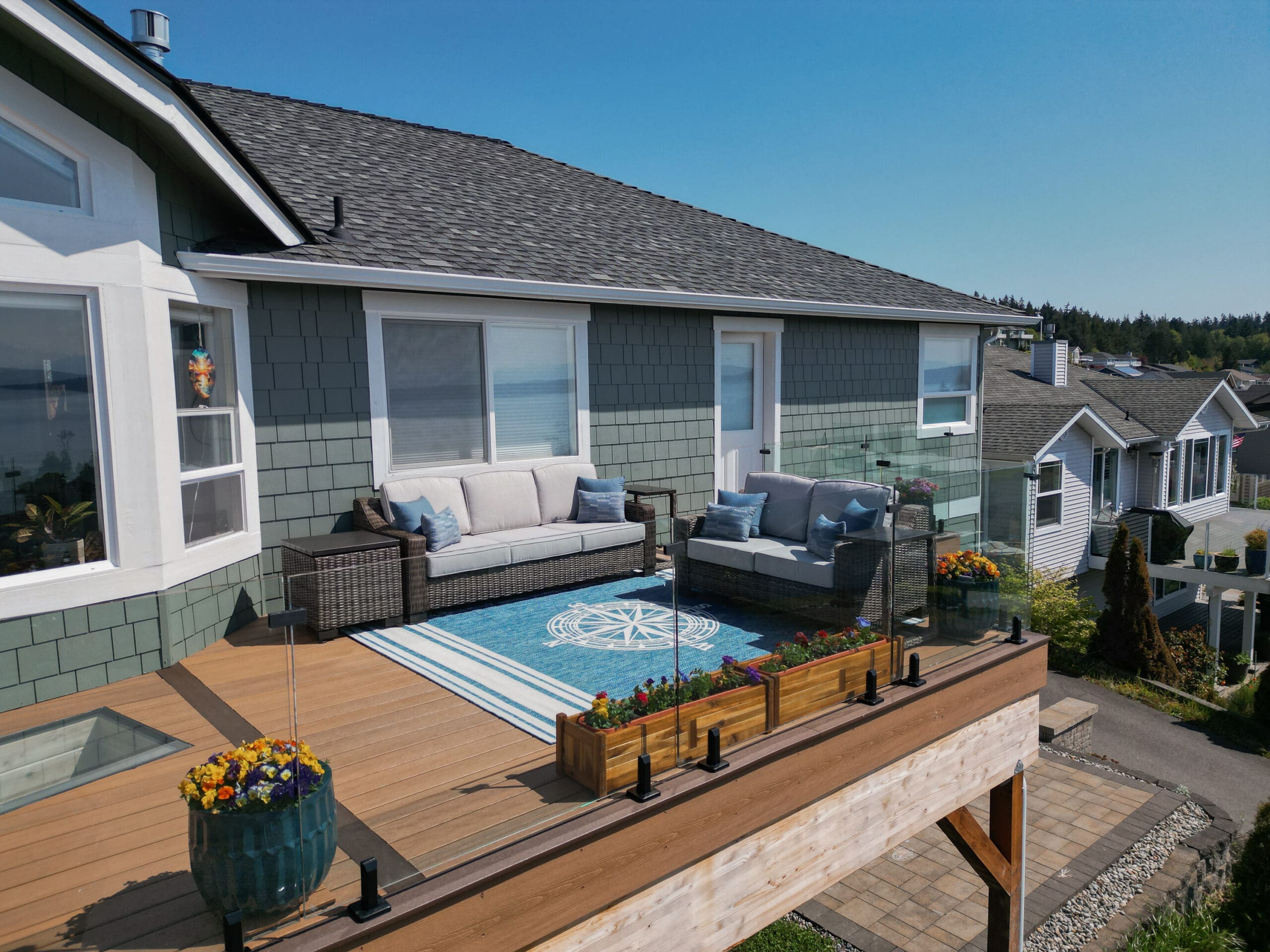 Cozy patio with ocean view and seating area