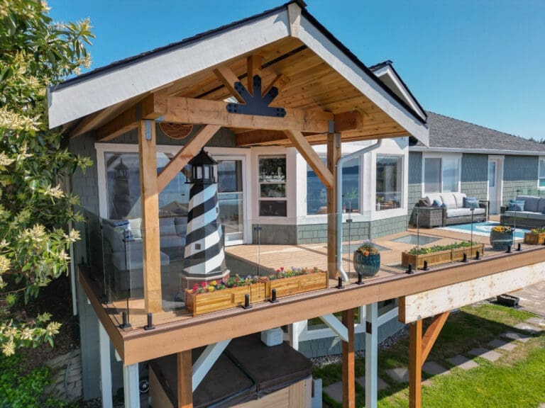 Custom patio cover built over a composite deck by 3 Brothers Decking in the Pacific Northwest