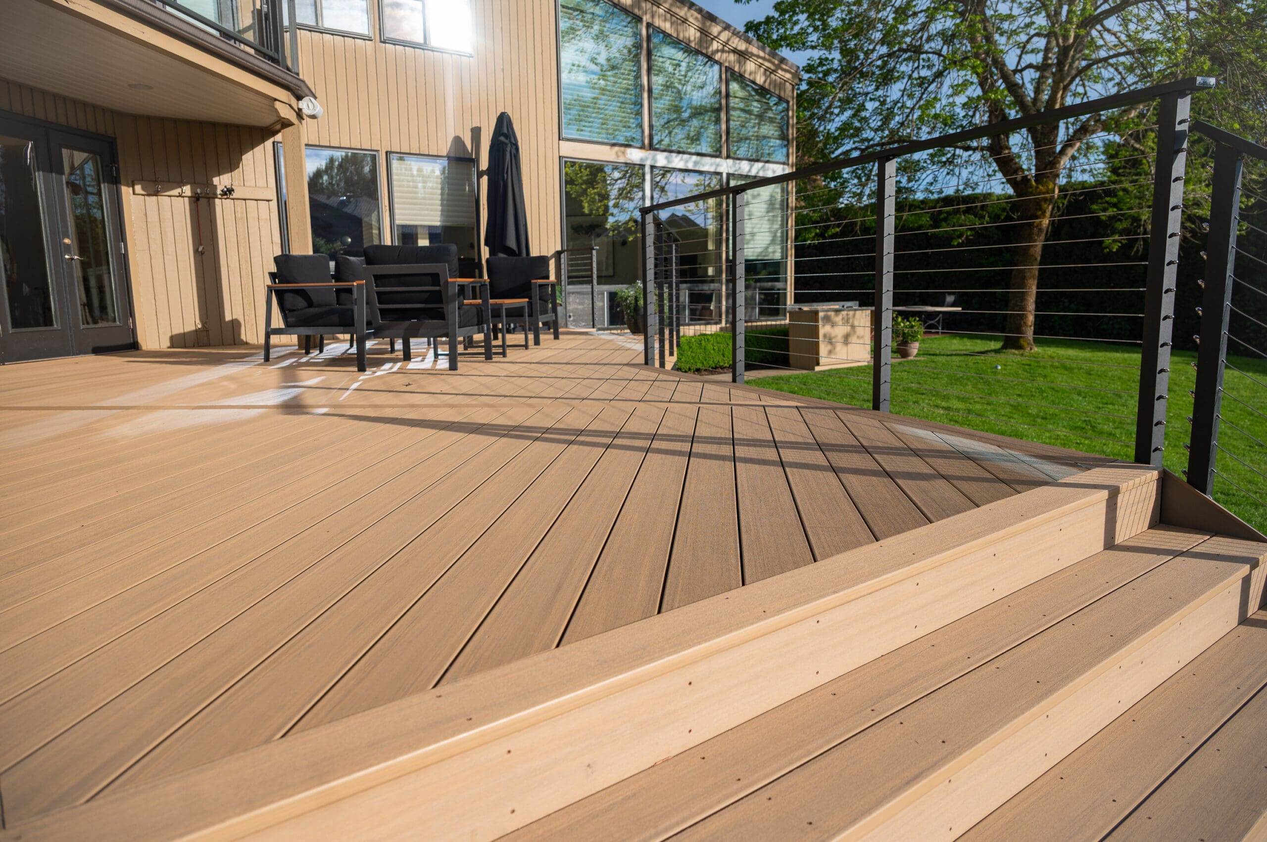 azek composite pvc weathered teak decking with metal aluminum maisy cable railing