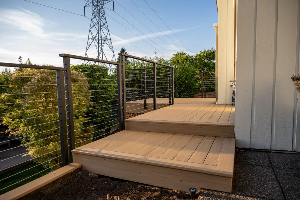 modern composite PVC deck with cable railing