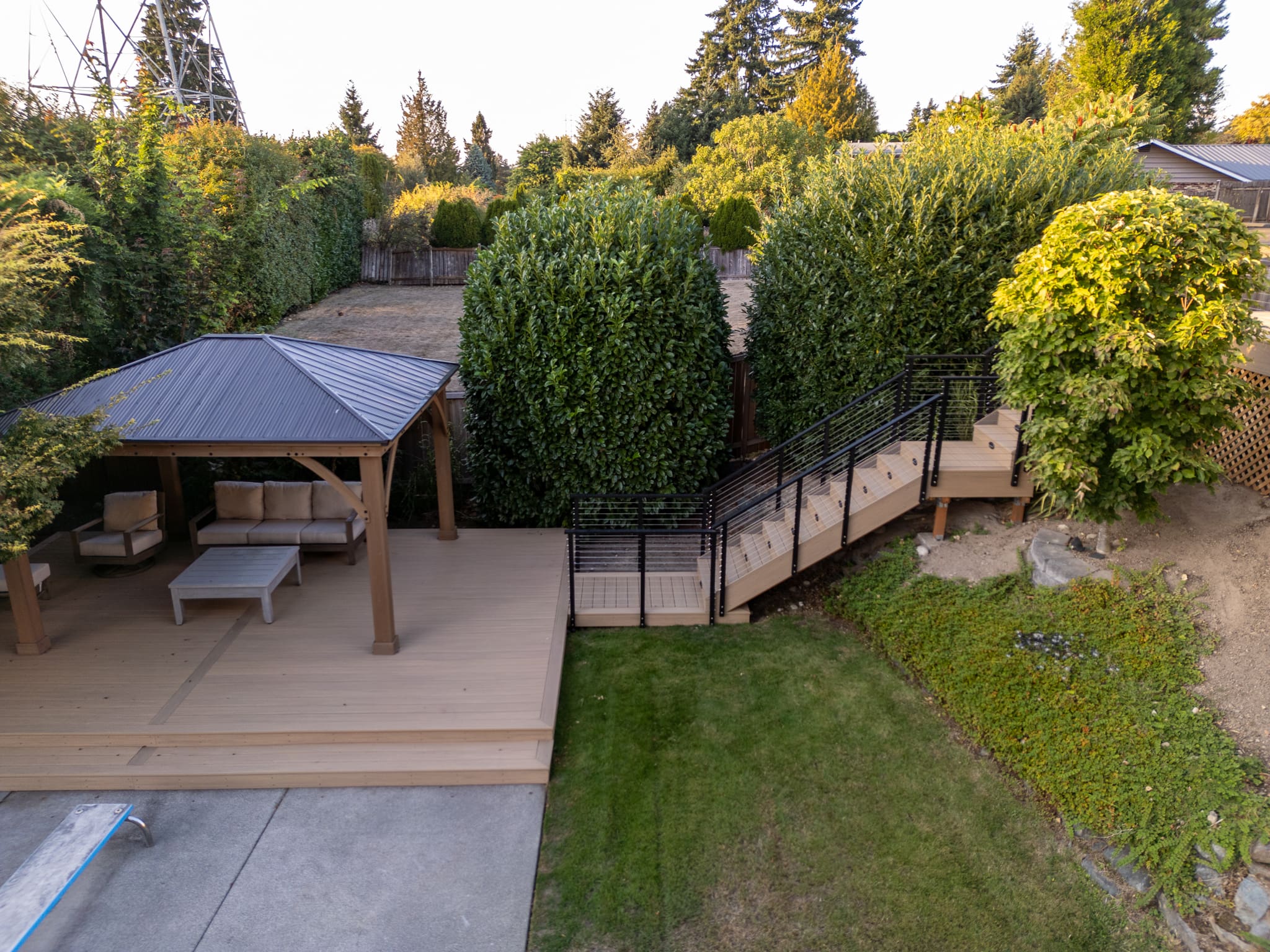 Backyard patio with timbertech deck and gazebo.