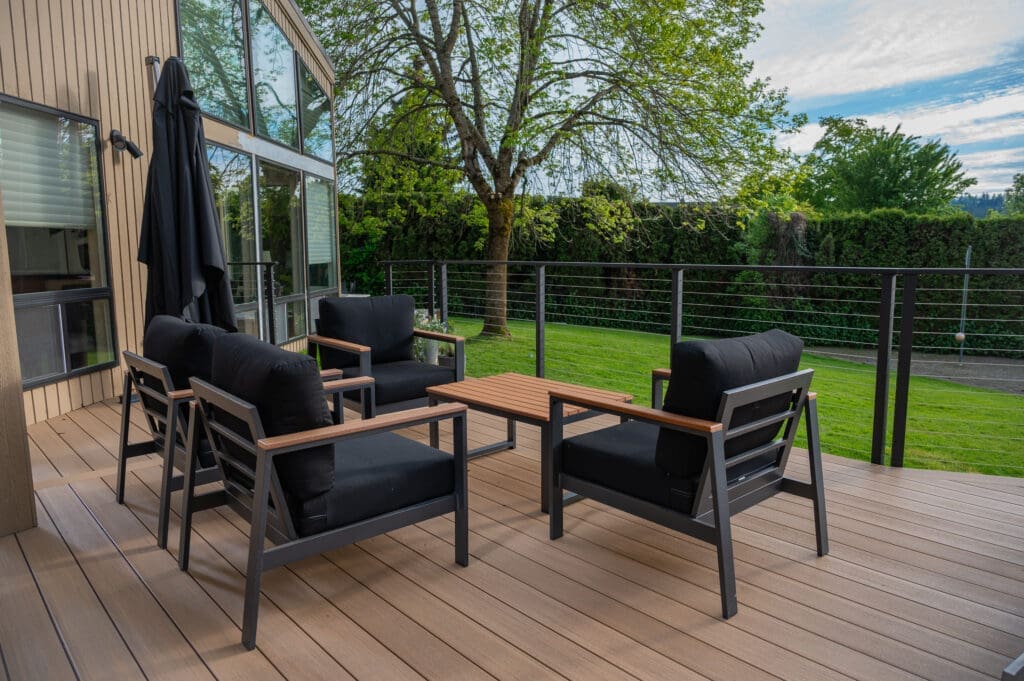 Modern patio seating on wooden deck