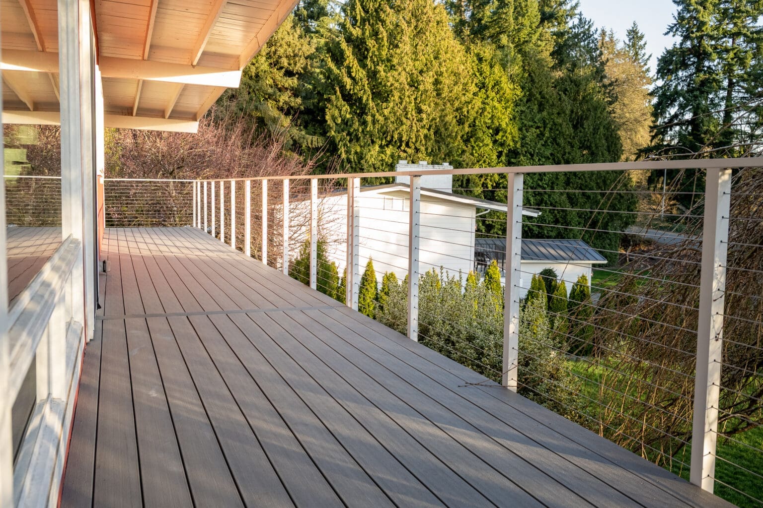 White Maisy Cable Railing + SeaSalt Grey TimberTech Decking