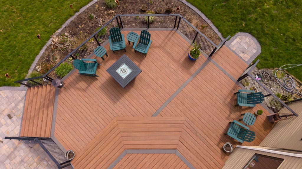 Overhead view of modern wooden deck with seating
