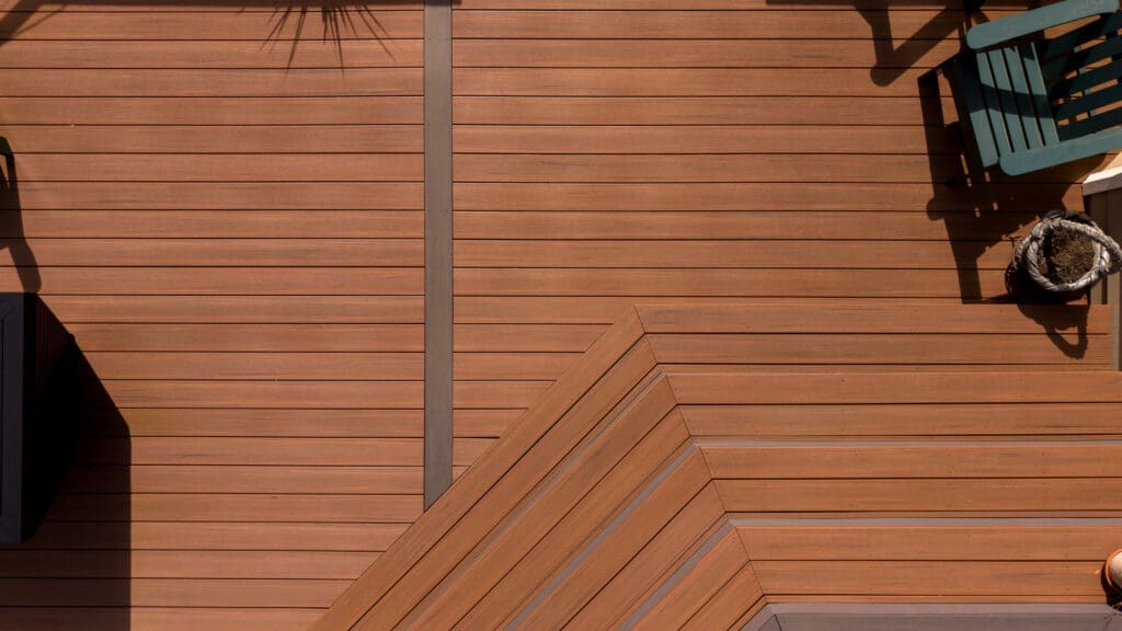 Top view of modern wooden deck with bench