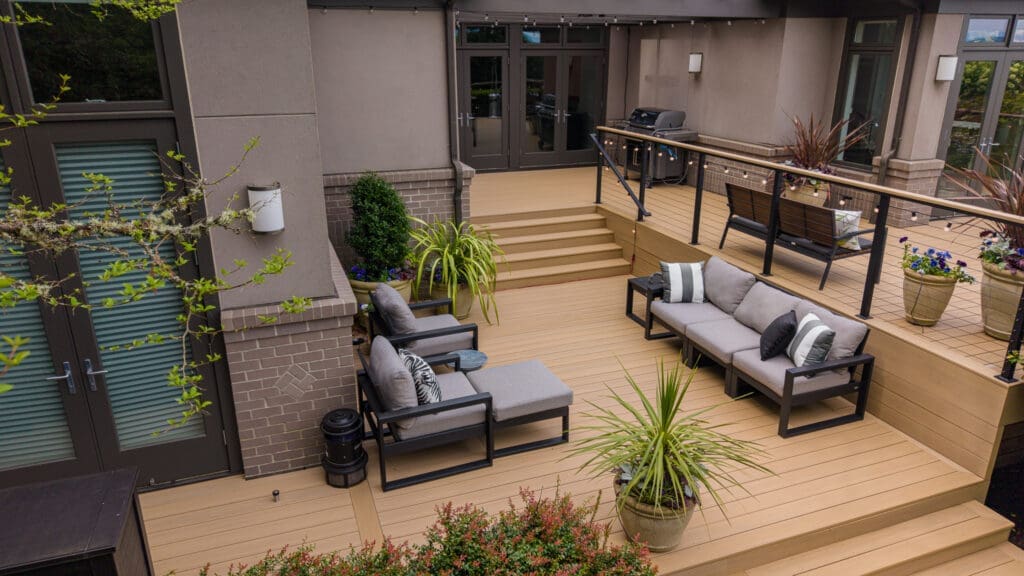 Modern multi-level backyard deck with outdoor seating