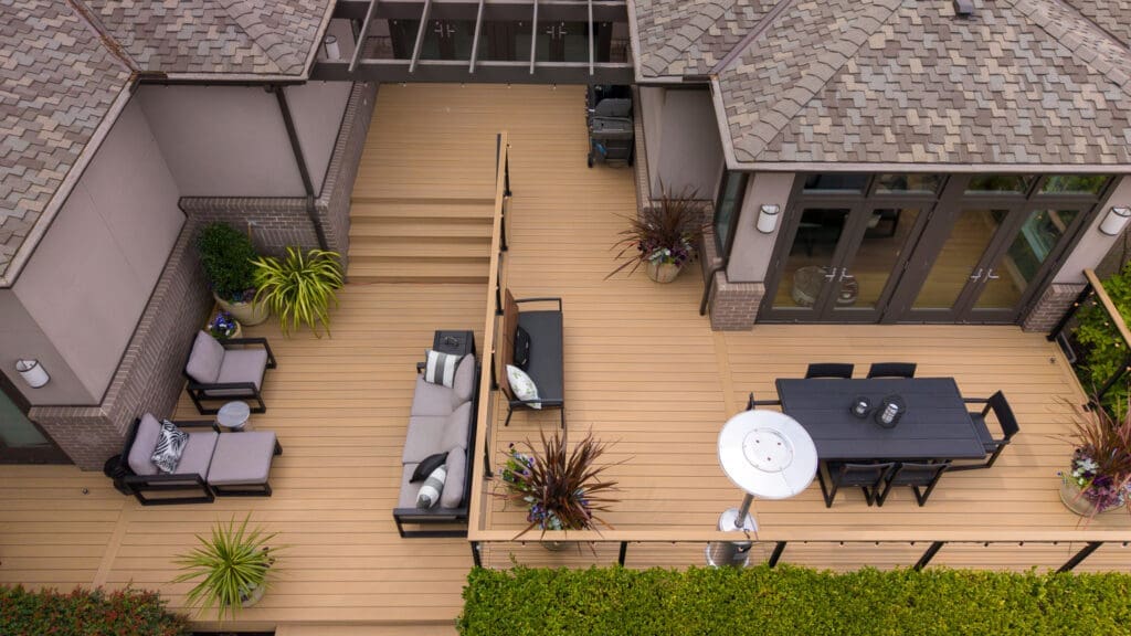 Modern outdoor deck with seating and dining area