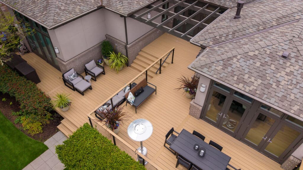 Modern home with spacious wooden backyard deck
