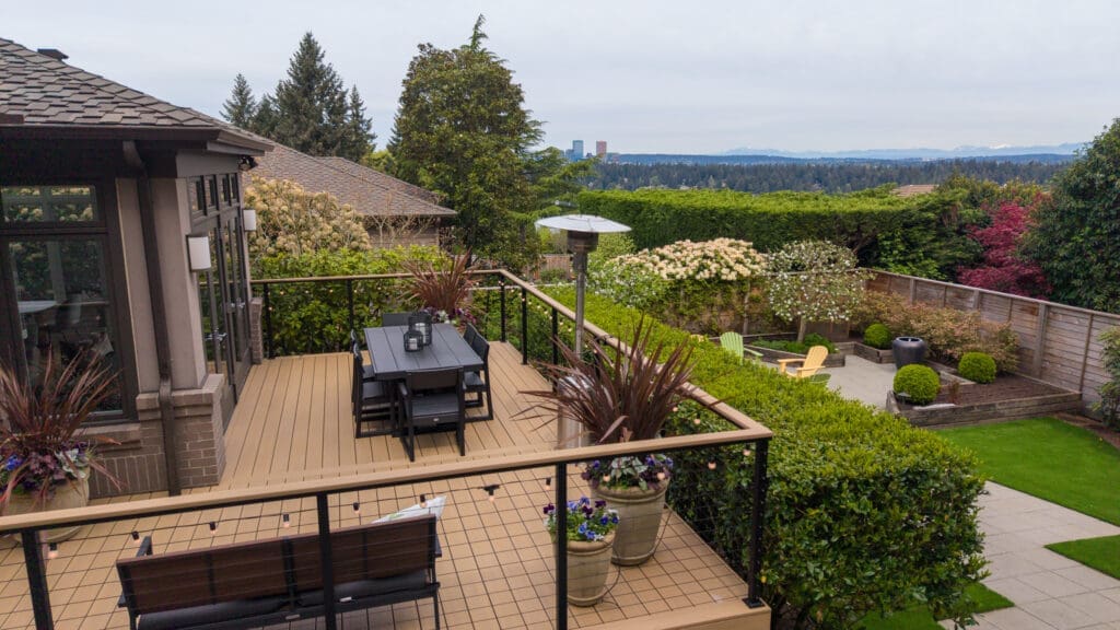 Modern backyard deck with city skyline view